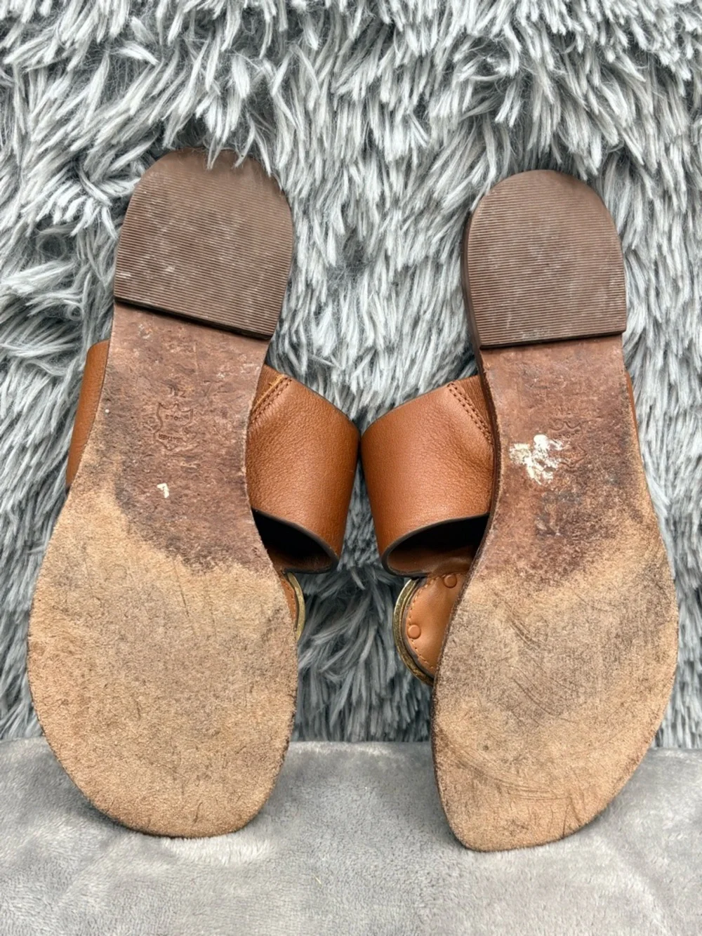 Tory Burch Sandals Womens 7 Patos Disk Brown Leather Slip On Thong